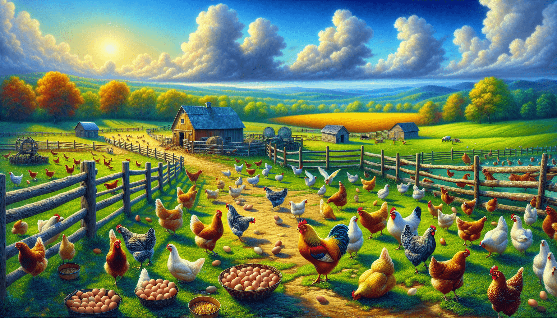 Ferme colorée avec des poules et des œufs