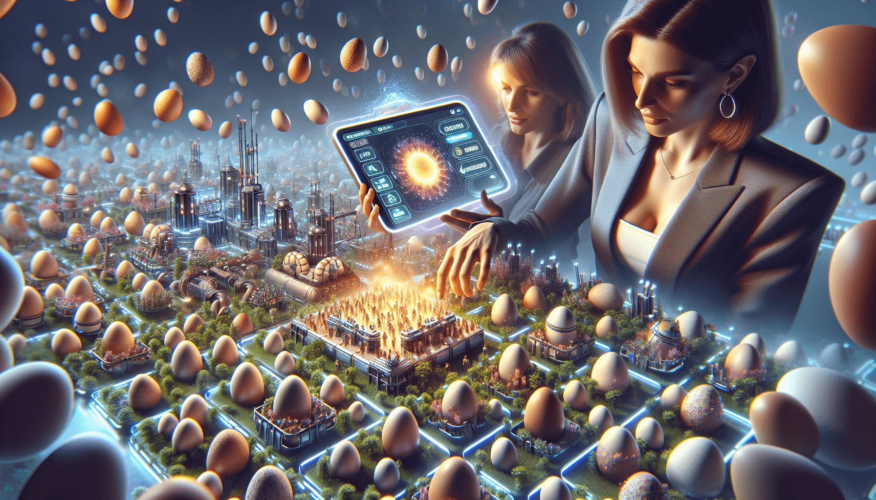 Joueur gérant un empire d'œufs virtuel sur une tablette