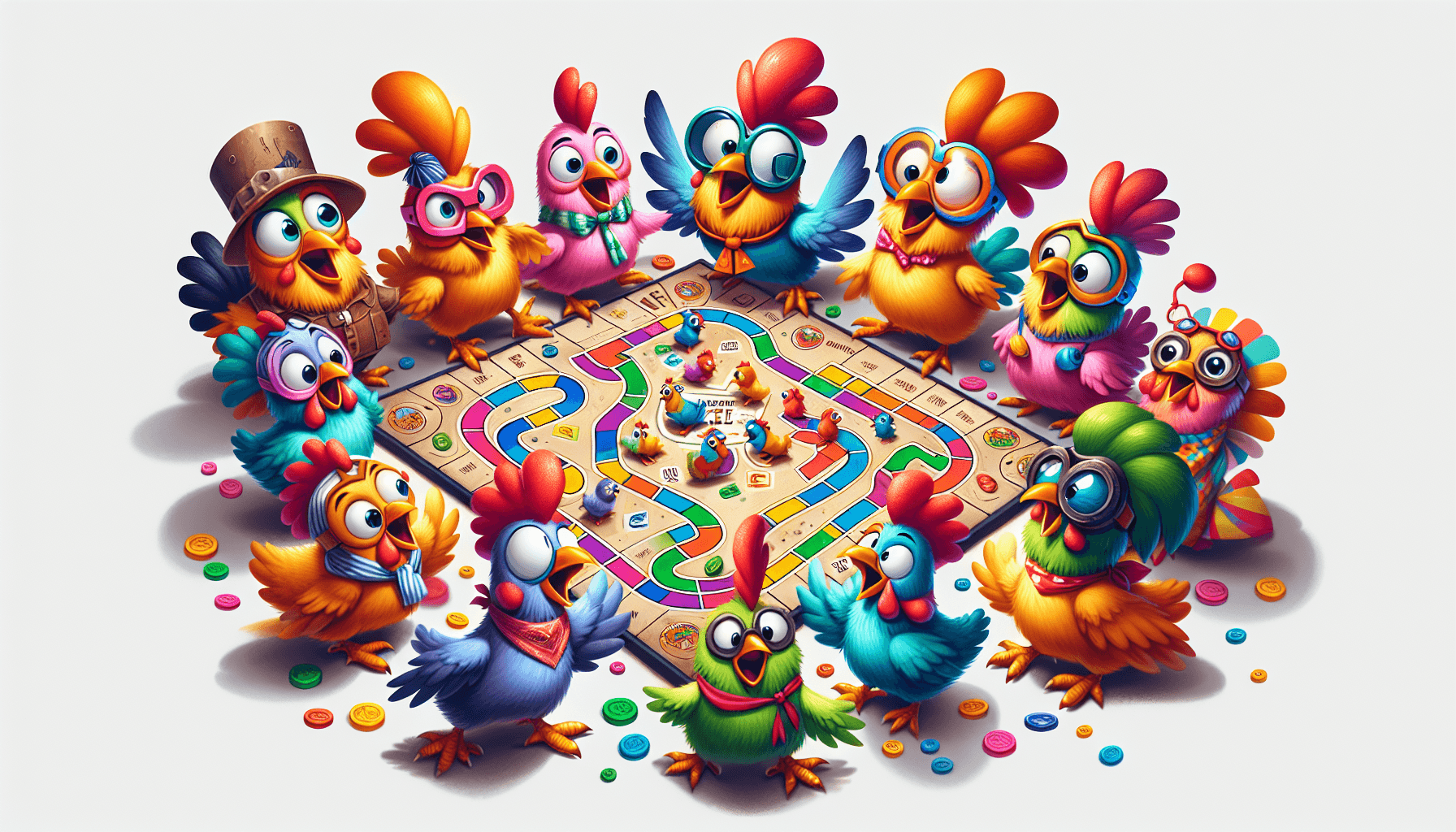 Personnages de poules amusants et colorés dans un jeu